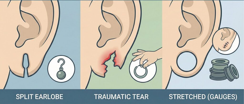 Three-panel diagram of earlobe repair options: split earlobe repair, traumatic tear repair, and stretched-gauge restoration