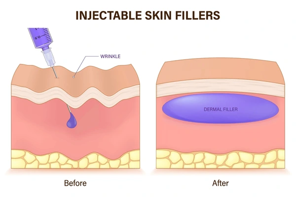 Infographic showing injectable skin fillers: left shows a wrinkle and syringe droplet; right shows a dermal filler beneath the skin in the after panel.